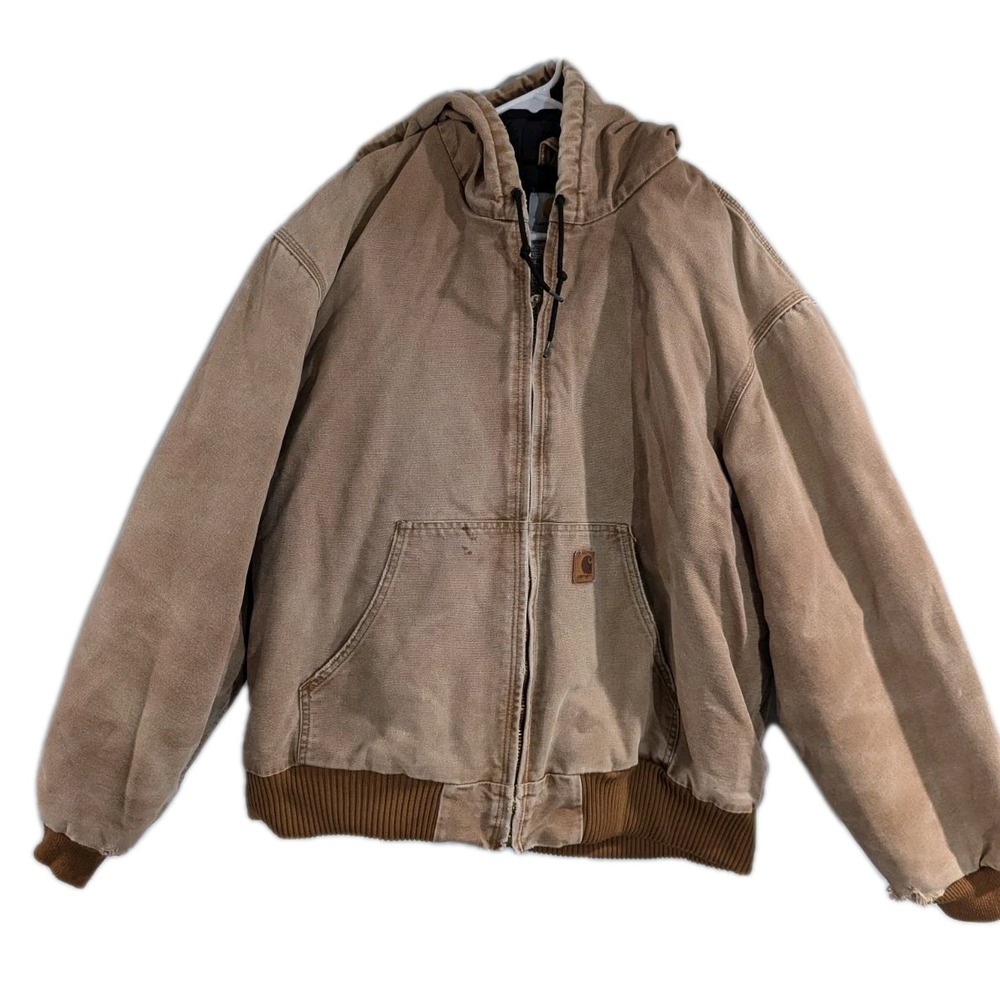 Carhartt Hooded Zip Duck Canvas Tan Coat Made In Mexico Distressed Mens XL